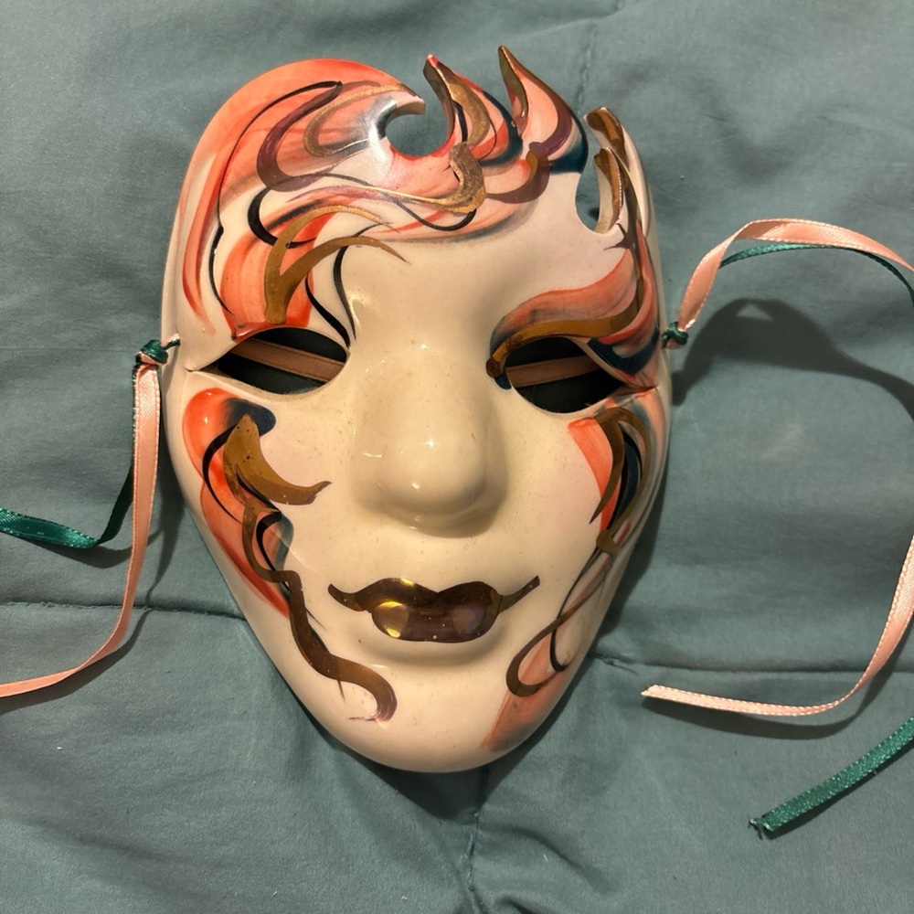 Vtg Ceramic Hand Painted Mardi Gras Mask Wall Hanging Signed JudithAnton 5.5”x7”
